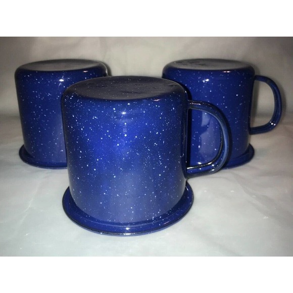 VTG Enamelware set of 3 Blue Speckled Coffee/Tea Mug/Cup Farmhouse 16 oz - Picture 2 of 9